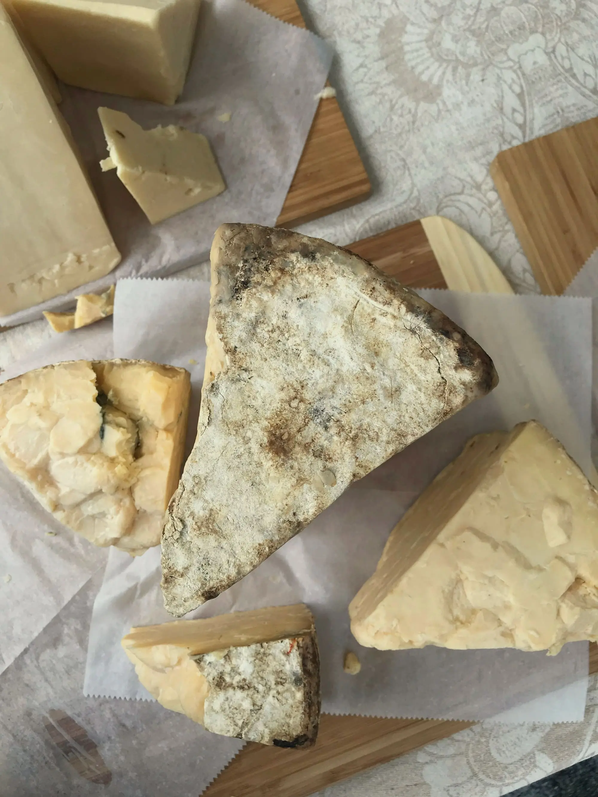Wedges of aged cheese with natural rinds on paper