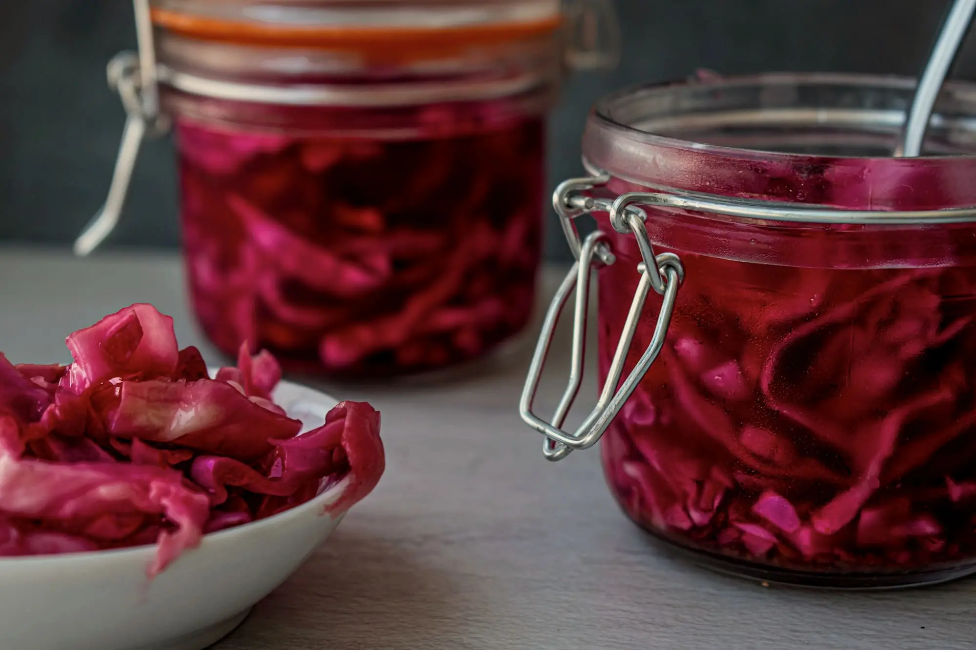 Jars of fermented red cabbage with swing-top lids
